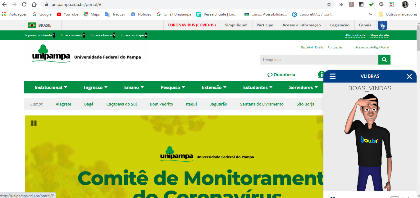 parte superior do site da Unipampa mostrando itens de acessibilidade